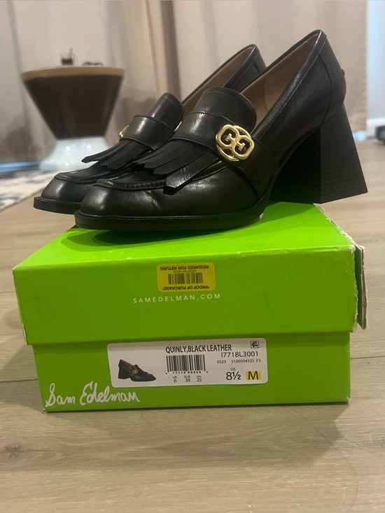 Sam Edelman Shoes - Sam Edelman Black Leather Fringe Loafer Block Heels with Gold Accent